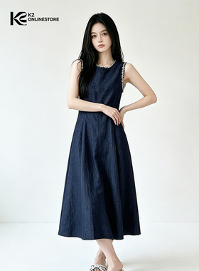 K2 ONLINESTORE 法式高级感印花花边背心连衣裙女蓝色气质a字长裙
