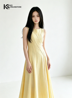 K2 ONLINESTORE 法式分割设计圆领连衣裙女黄色气质修身a字长裙子