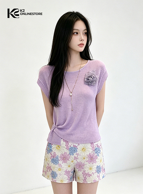 K2 ONLINESTORE 纯欲风圆领正肩短袖针织衫女紫色氛围感修身上衣