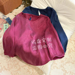 前长59 胸围104 后62 霜感大王缎重砂洗雾面圆形正肩T恤上衣 782