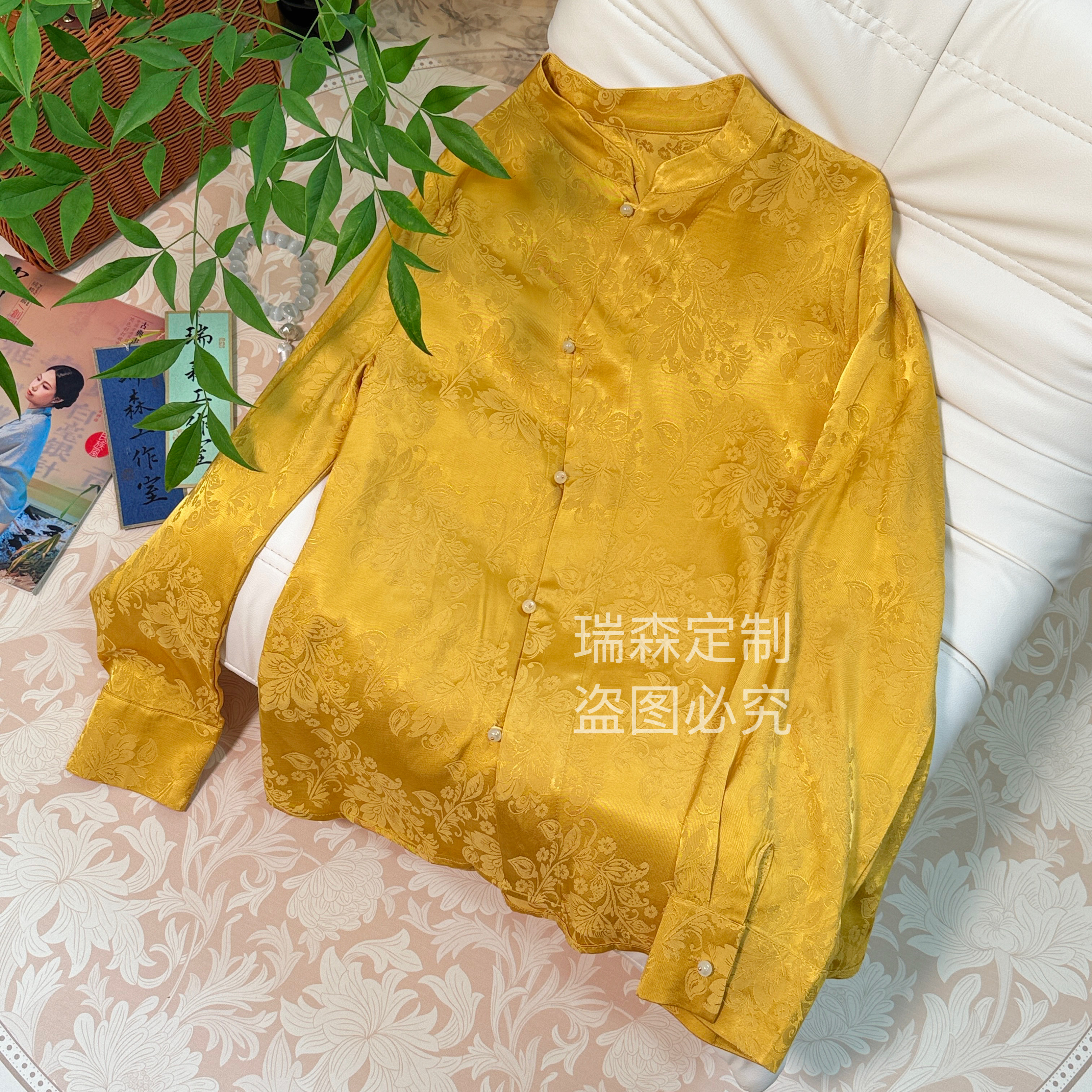 811 新中式提花立领长袖衬衫单穿内搭都好看-胸围102衣长66