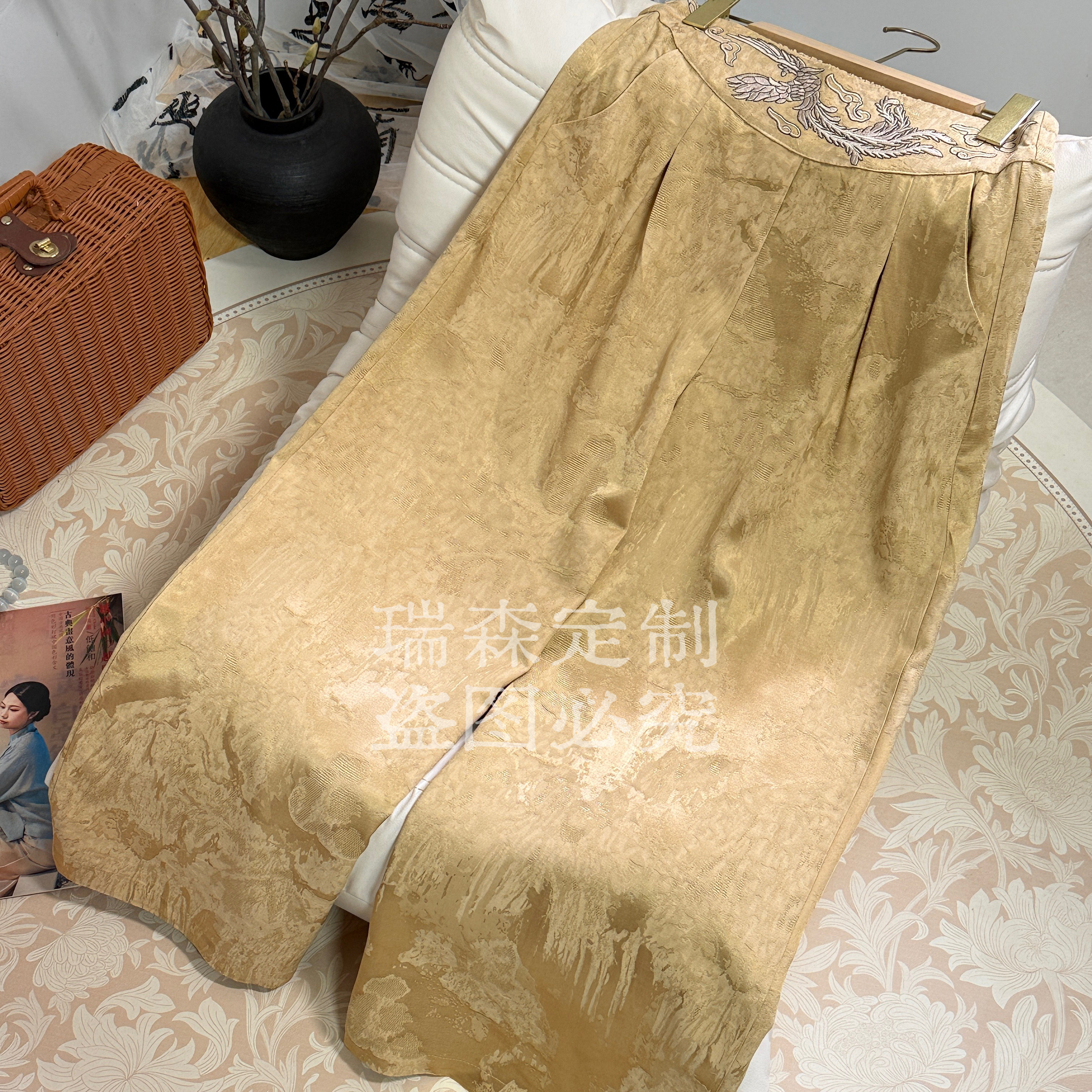 885 重工刺绣松紧腰国风中式阔腿裤百搭气质-腰围70-裤长95