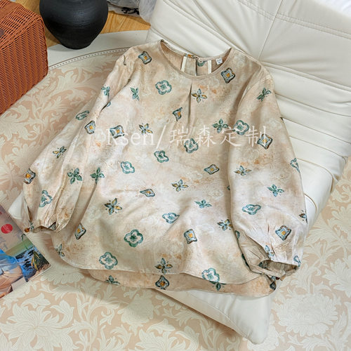 2648 夏季薄款圆领九分袖花萝上衣T恤国风小衫