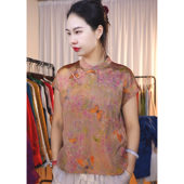 959 衣长56 胸围98 油皮老料莫奈花园立领飞袖 T恤上衣