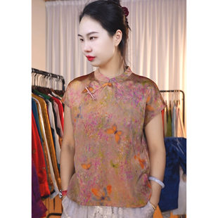 胸围98 T恤上衣 衣长56 油皮老料莫奈花园立领飞袖 959