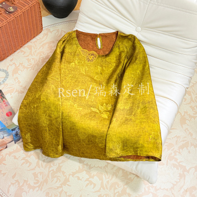 2656 葫芦刺绣圆领长袖茶衫上衣T恤新中式国风提花