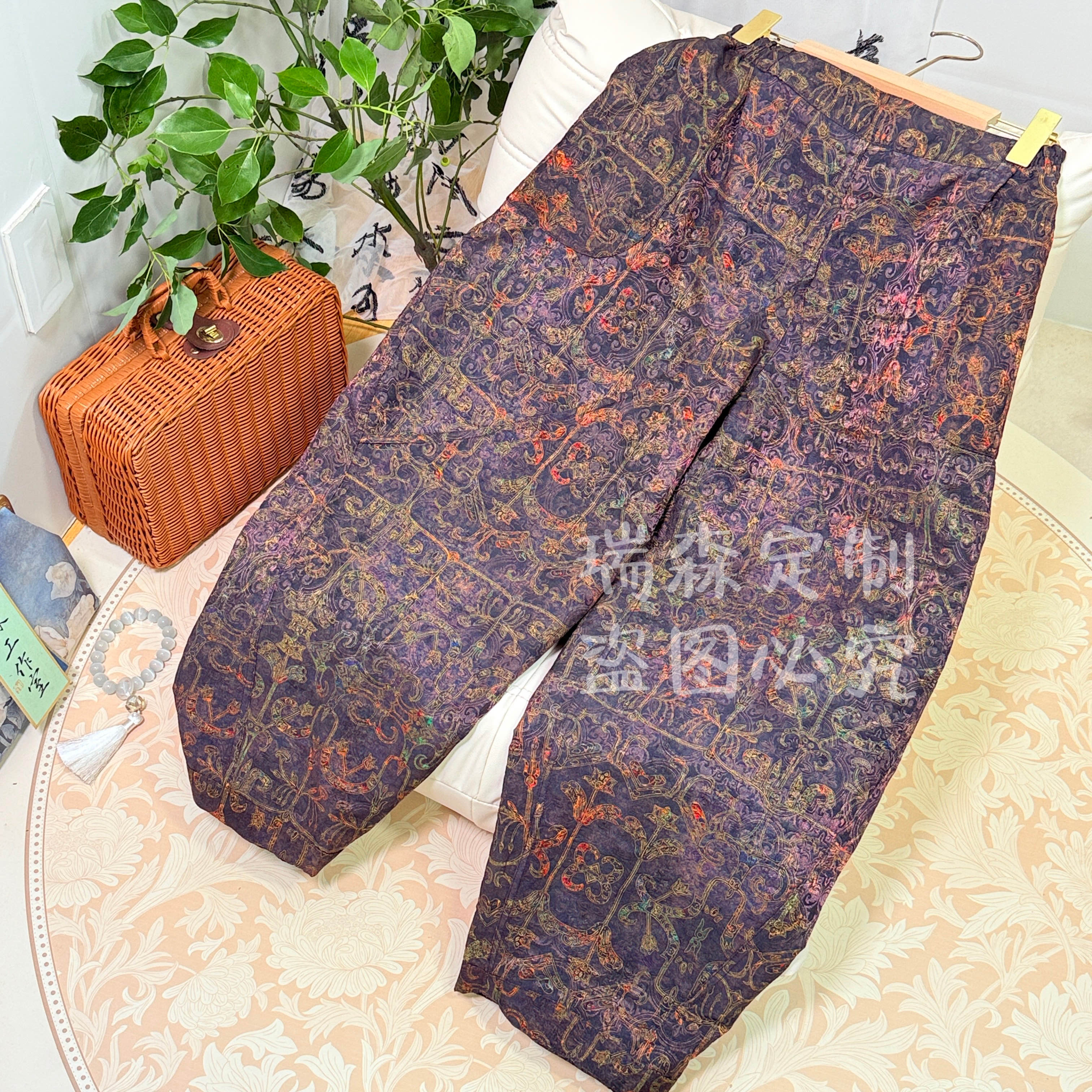 928 双面双穿中式国风松紧腰提花哈伦裤百搭-腰围68-裤长93