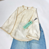 914 国风圆领微喇袖 竹叶提花上衣小清新纯色T恤