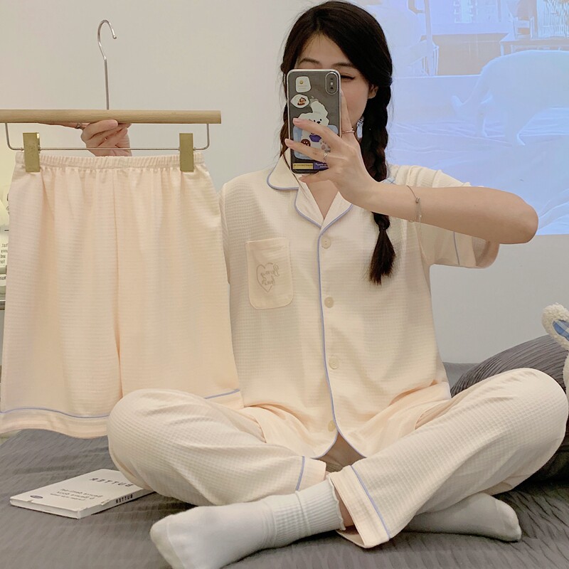睡衣女夏三件套短袖短裤韩版少女纯棉宽松薄款家居服夏天套装女士