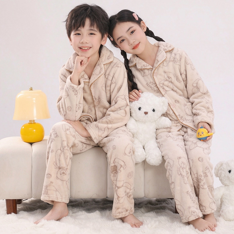 儿童睡衣男童玉兔绒加绒加厚女童法兰绒中大童秋冬亲子家居服套装