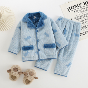 儿童双层保暖加绒加厚秋冬季珊瑚绒睡衣女童男童法兰绒家居服套装