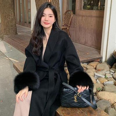 赫本风高级感羊毛呢子黑色大衣女秋冬季收腰气质毛呢外套