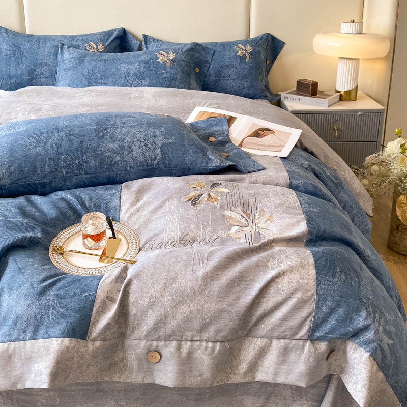 新款纯色简约大版花北欧风全棉磨毛四件套纯棉被套床单床笠床品