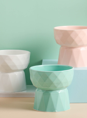 宠物碗陶瓷猫碗钻石护颈斜口日式可爱犬狗狗食盆宠物用品猫咪