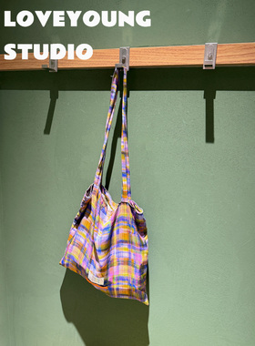 loveyoung原创“紫色霓虹”复古格纹慵懒风长肩带单肩包休闲布袋