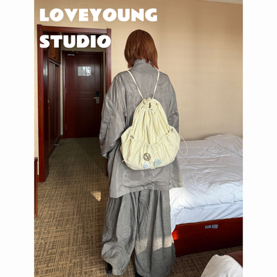 loveyoung ins日系简约米色抽绳双肩包轻量化休闲健身轻便骑行包