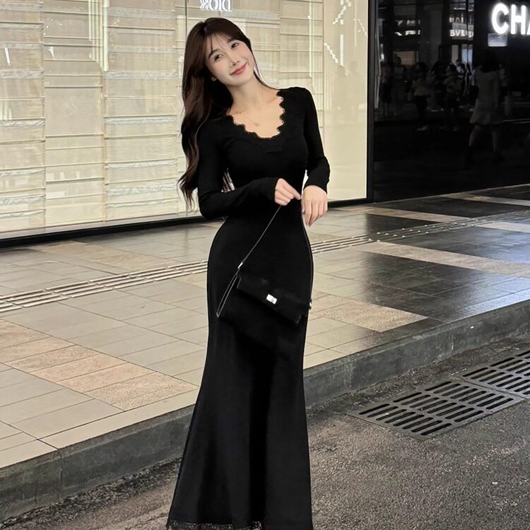 法式黑色蕾丝针织连衣裙子女秋冬连衣裙