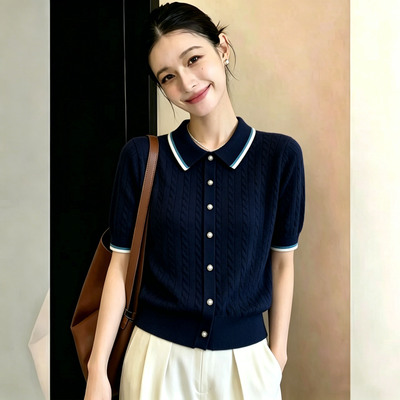 撞色边翻领麻花针织短袖开衫女夏季薄款显瘦Polo领通勤上衣