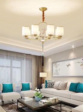 loft新中式客厅全铜中国风简约现代餐厅灯轻奢样板房工程玉石吊灯