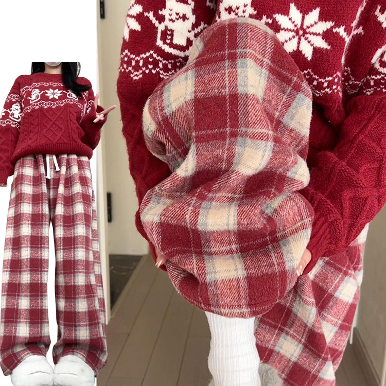 红色复古圣诞格子毛呢裤女秋冬2024新款小个子加绒加厚直筒拖地裤,女装/女士精品,休闲裤,淘宝优惠券,粉丝福利购,淘宝优惠卷