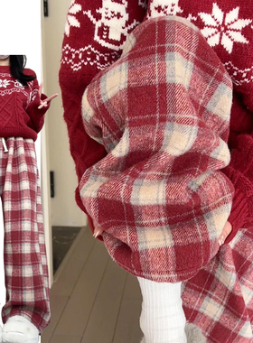 红色复古圣诞格子毛呢裤女秋冬2024新款小个子加绒加厚直筒拖地裤