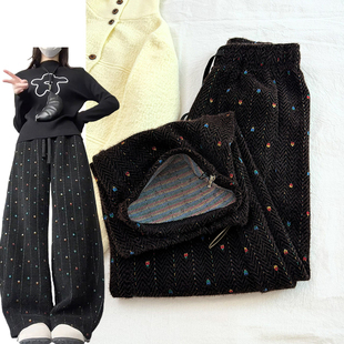 设计感彩虹波点绒绒弯刀裤女春秋季2026新款高腰束脚两穿刺绣卫裤
