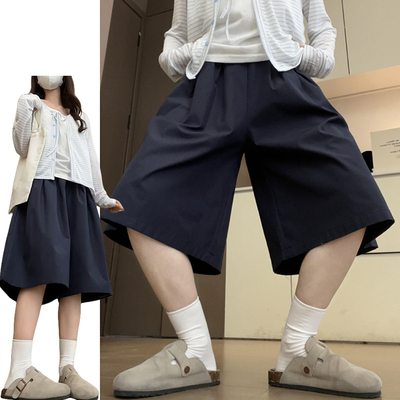 藏青色韩系花苞七分裙裤女夏季2026新款松紧腰简约褶皱显瘦山本裤
