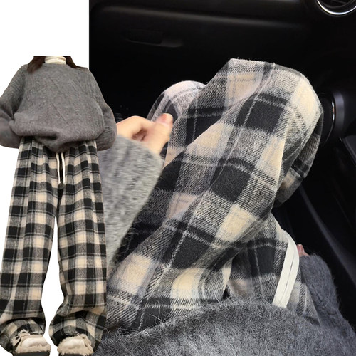 复古经典毛呢格子裤女秋冬2025新款慵懒风加绒加厚垂感休闲阔腿裤