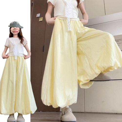 黄色冰丝防晒宽松阔腿裙裤女夏季2025新款韩系慵懒设计感花苞裙裤