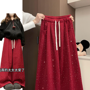 新年氛围感红色烫钻裤子女秋冬季2026新款加绒加厚宽松显瘦阔腿裤