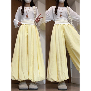 黄色多巴胺蓬蓬花苞裙裤女春秋季2026新款慵懒感宽松九分半身裙裤