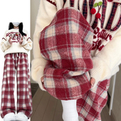 红色复古圣诞毛呢格子裤 慵懒宽松高腰垂感拖地裤 女秋冬季 2025新款