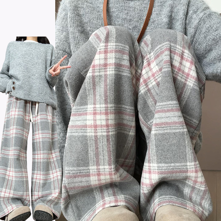 灰粉色韩系毛呢格子裤女秋冬季2025新款小个子垂感高腰宽松阔腿裤,女装/女士精品,休闲裤,淘宝优惠券,粉丝福利购,淘宝优惠卷