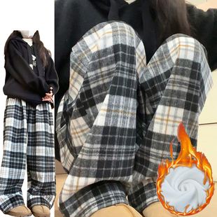 黑色复古风加绒毛呢格子裤女秋冬2024新款加厚垂感软糯舒适休闲裤