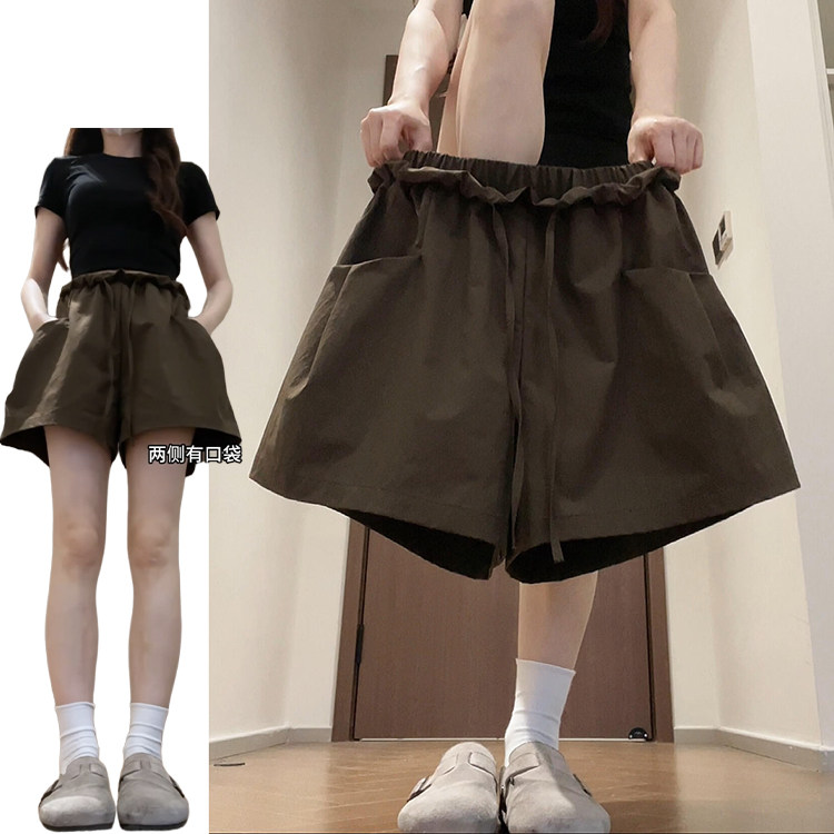 咖色设计感花边短裤女夏季薄款2026新款显瘦小个子高腰韩系休闲裤图片