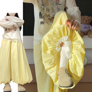 韩系多巴胺黄色花苞裙裤女春秋季2026新款设计感显瘦蓬蓬灯笼裙裤