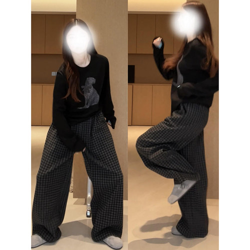 日系复古慵懒黑灰色格子裤女早秋2026新款舒适百搭垂感显瘦阔腿裤