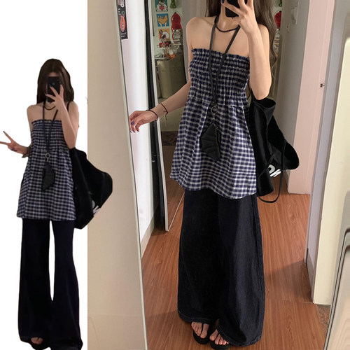蓝色复古抹胸背心连衣裙女夏季2026新款设计感小众美式高腰A字裙
