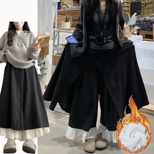 设计感加厚开叉高腰裙裤 韩系休闲加绒蕾丝花边裙裤 女秋冬2025新款