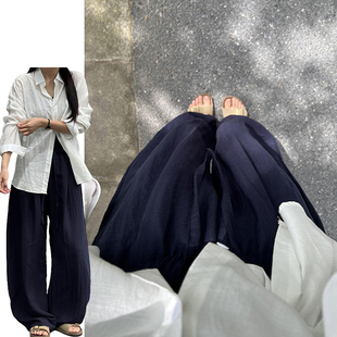 藏青色复古高腰亚麻弯刀裤女夏季2025新款亲肤舒适垂感慵懒拖地裤