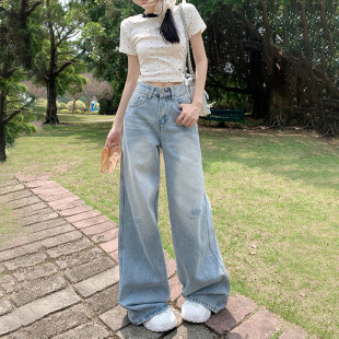 弄格痞雅破洞牛仔裤女夏季薄款2025宽松直筒高腰显瘦浅色阔腿裤子