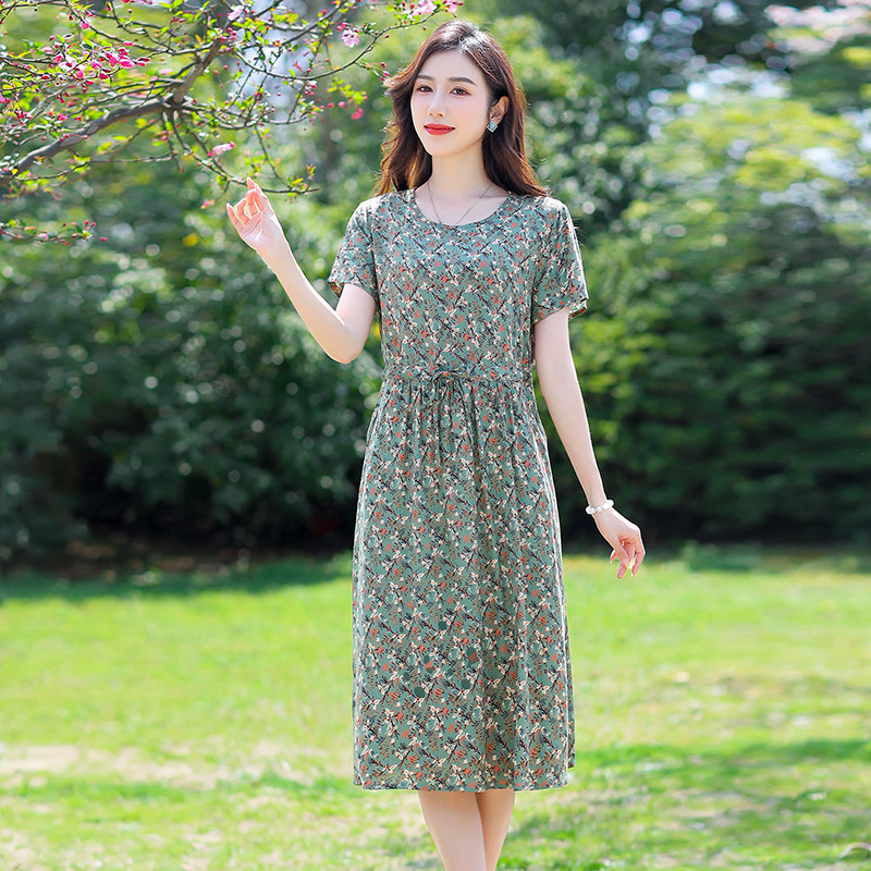 妈妈棉绸印花连衣裙女夏装短袖中长款宽松大码显瘦中年款大摆裙子
