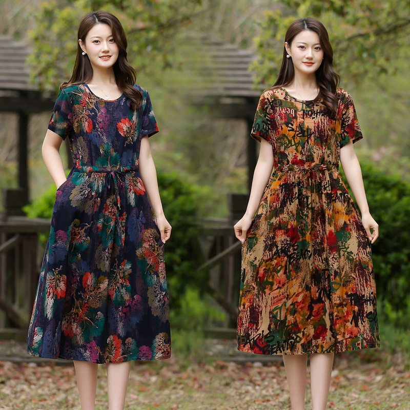 2025夏季妈妈装棉绸连衣裙时尚女装新款中年显瘦宽松大码过膝裙子