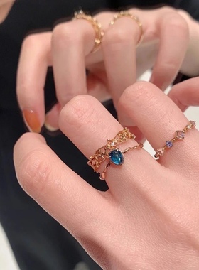 Ordi复古几何锆石戒指日系轻奢蓝宝石戒子简约百搭叠戴指环