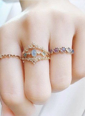 ordi皇冠锆石戒指女镂空925纯银简约复古叠戴小戒子新款