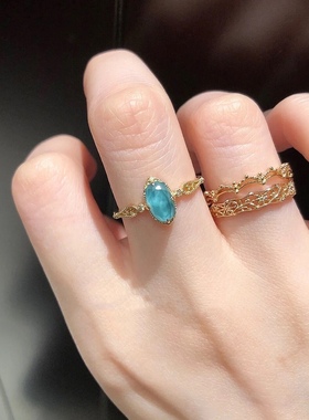 Ordi天然水晶松石双拼橄榄形项链百搭锁骨链复古镂空雕花戒