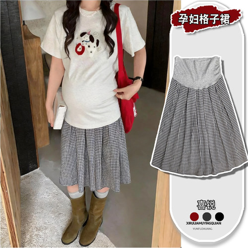 孕妇学院风格子A字高腰半身裙
