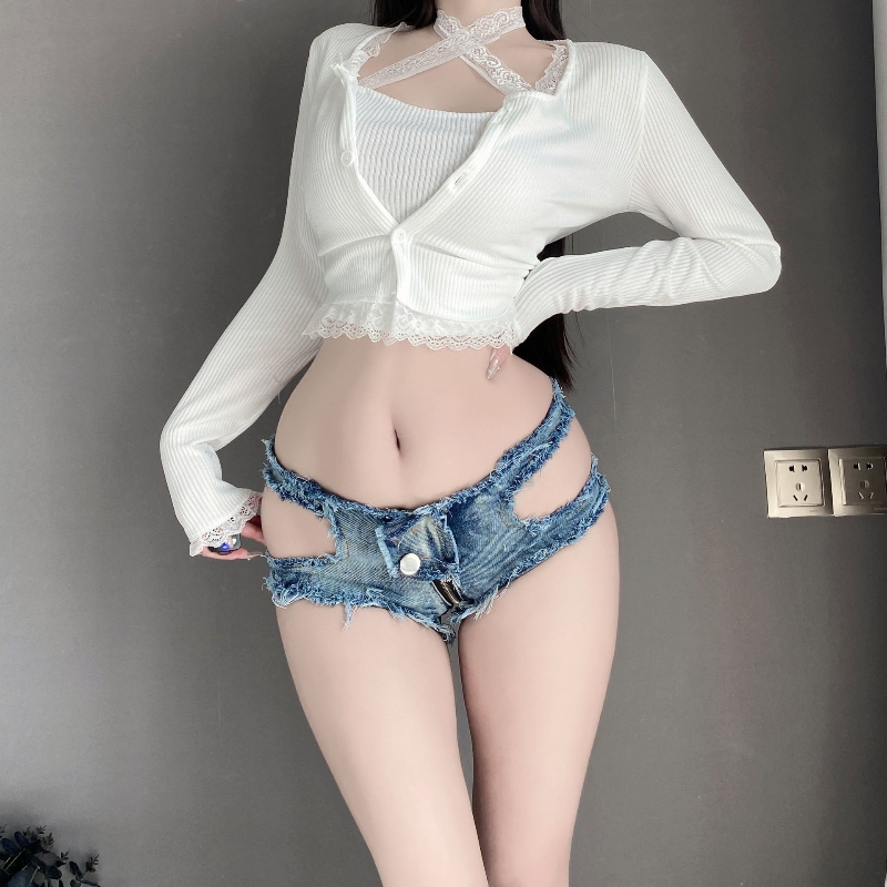 超短低腰开裆牛仔裤诱惑约会纯欲火辣夜店DJ热裤酒吧辣妹装免脱