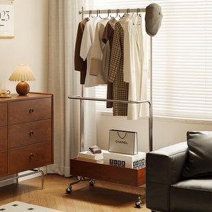 中古风衣帽架带轮可移动卧室落地家用置物收纳架客厅挂衣架子双层
