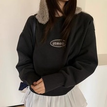 atmosphere简约INS风~韩国刺绣椭圆标加绒套头卫衣冬季圆领绒衫女